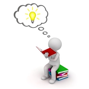 22106808 - 3d man sitting and reading a book with idea bulb in thought bubble isolated over white background