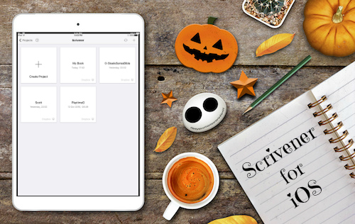 halloween concept, tablet computer, coffee cup, notebook and pumpkin on old woodeb table background, high contrast