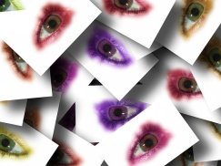Pictures of single eyes scattered atop one another and ringed by purple, red, or yellow eye shadow. From Pixabay.