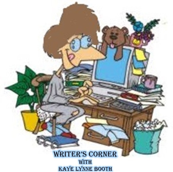 Caracature of a woman typing on a computer at a messy desk.
Text: Writer's Corner with Kaye Lynne Booth